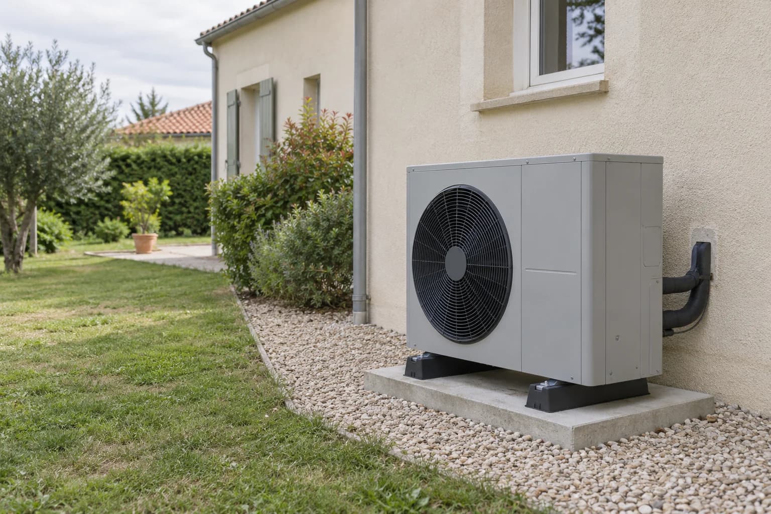 Illustration photoréaliste d'une PAC extérieure sur un socle près d'une maison