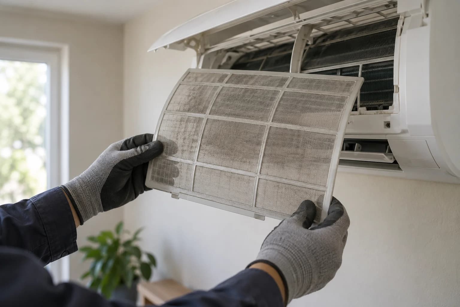 Illustration photoréaliste du retrait d'un filtre de climatisation pour son nettoyage