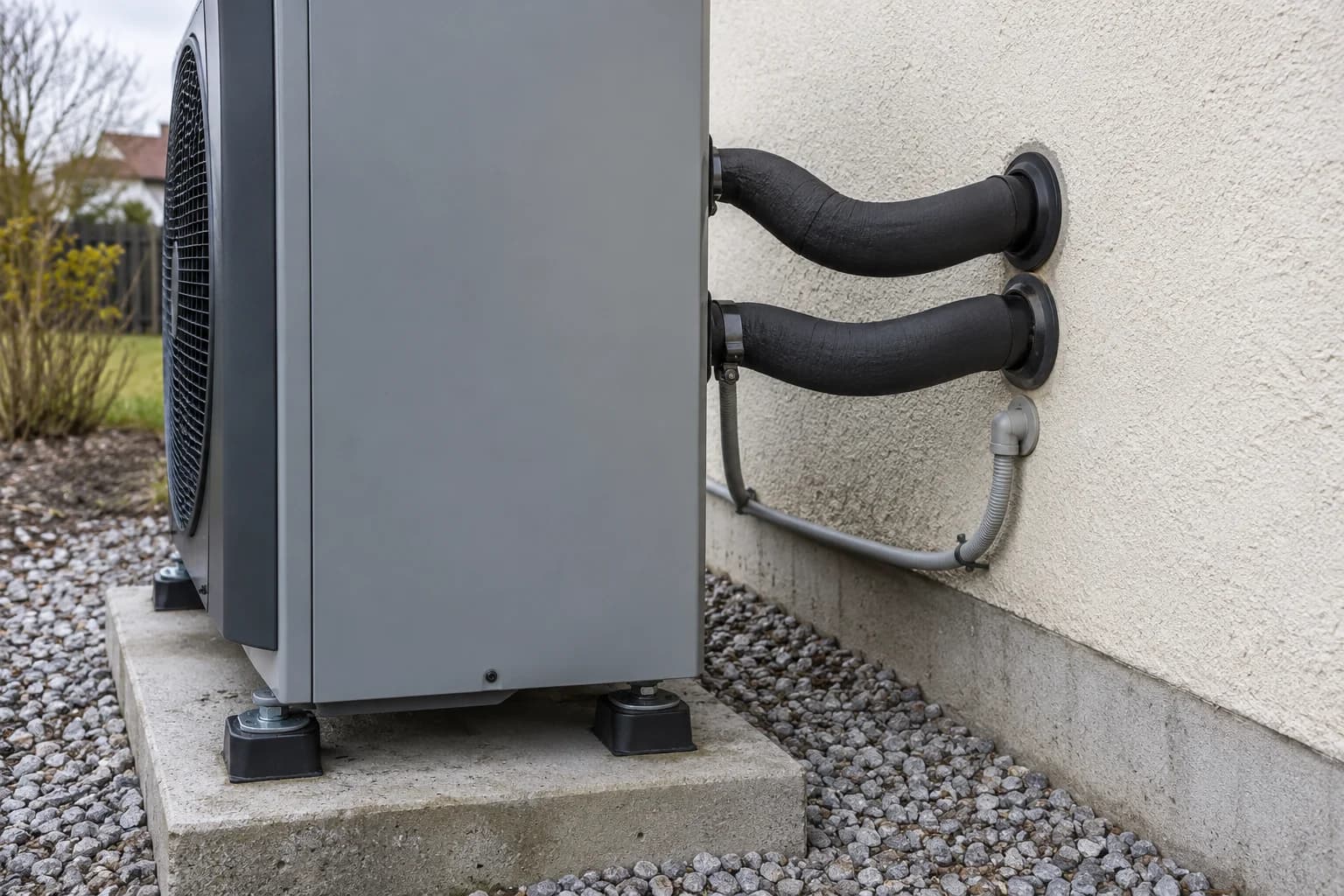 Illustration photoréaliste des raccordements isolés entre une PAC et le mur d'une maison